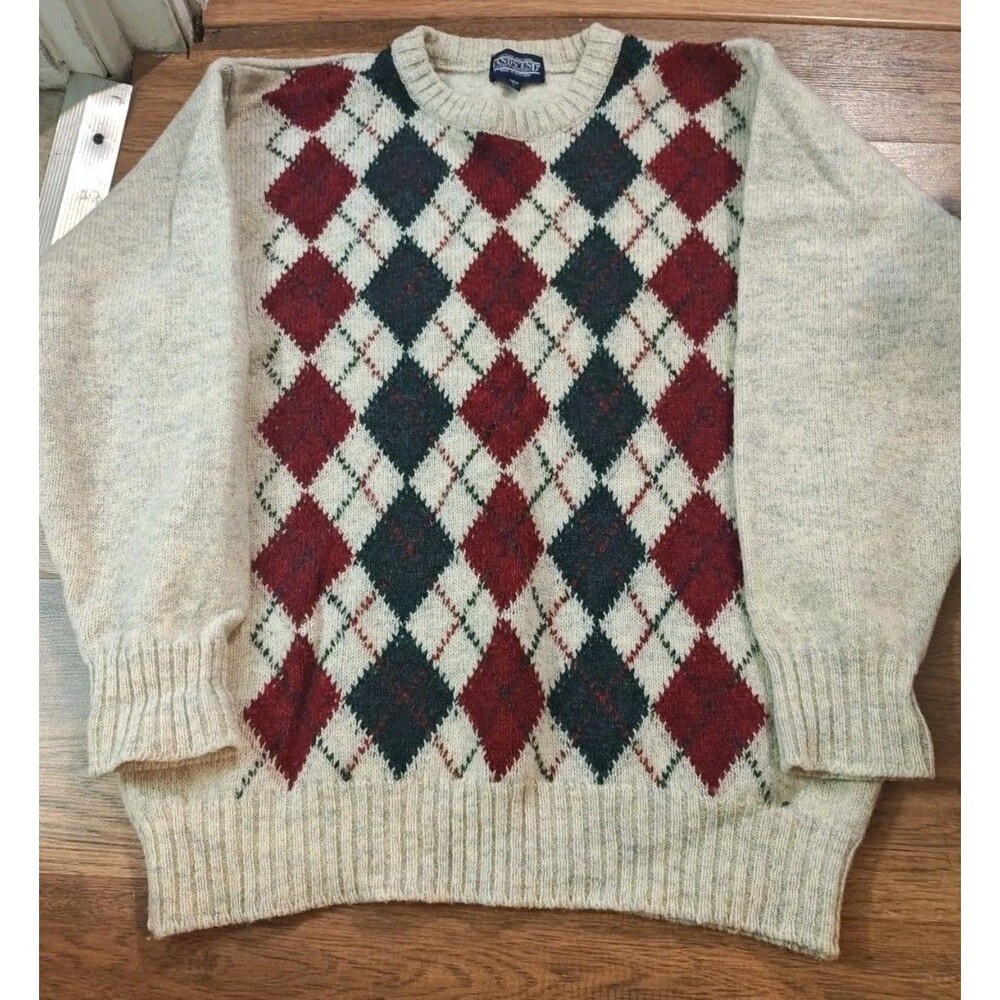 VTG 90s LANDS' END SHETLAND WOOL Sweater Men's Large Argyle Made In Scotland